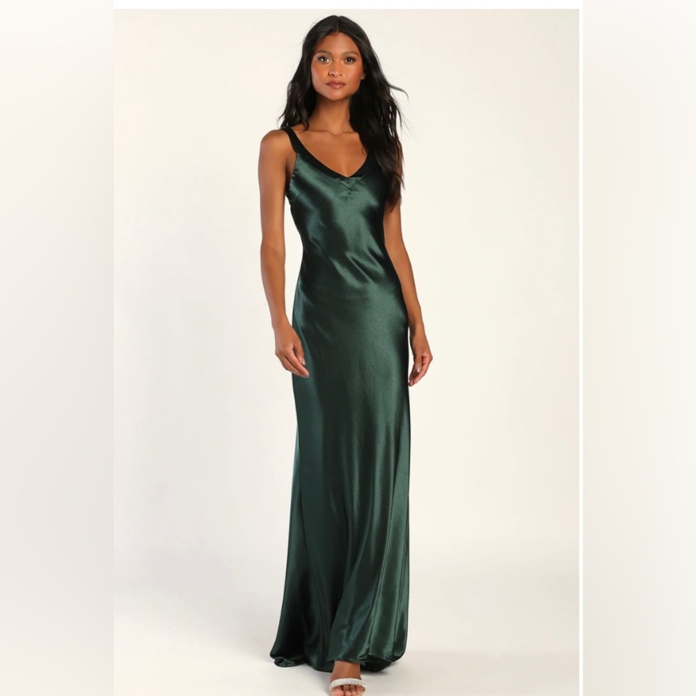 Lulus Perfectly Classy Emerald Green Satin Strappy Maxi Dress